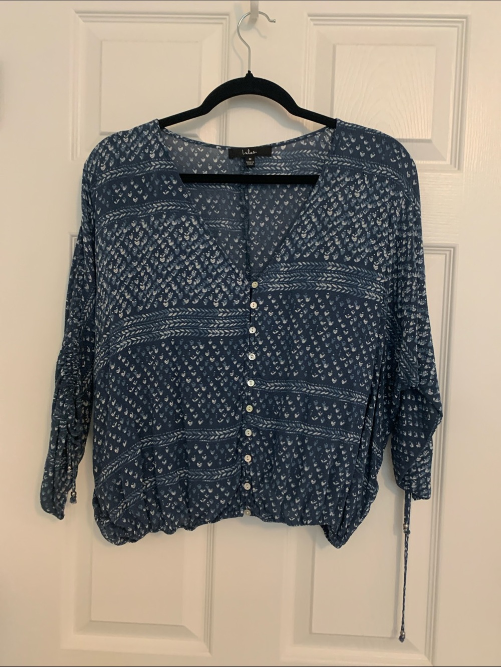 Lulu's Blue Printed Button-Down Peasant Dolman Sleeve Blouse